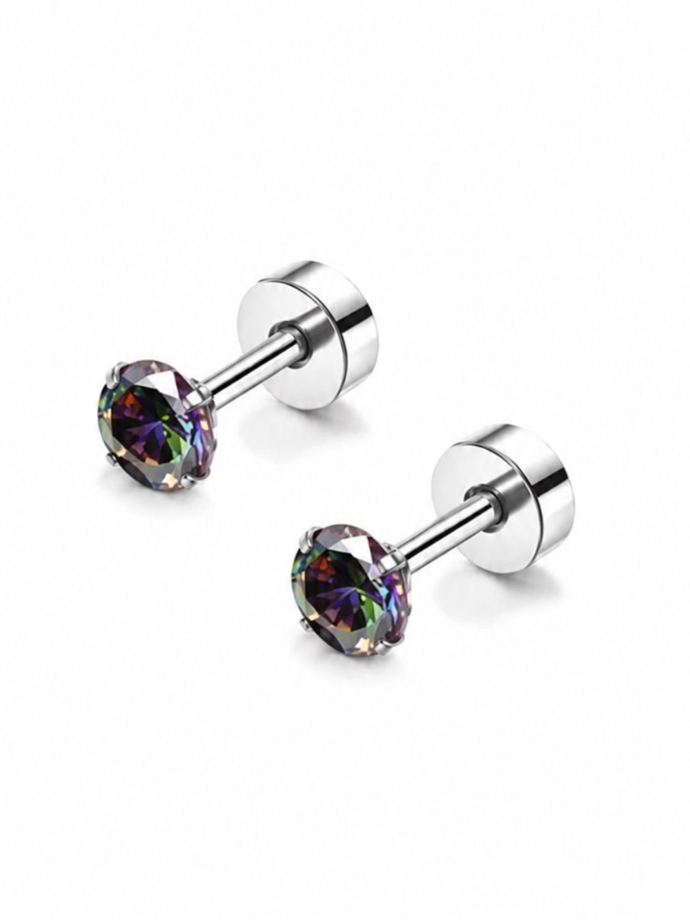 Rainbow CZ Flat Back Stud Earrings 20G Stainless Steel